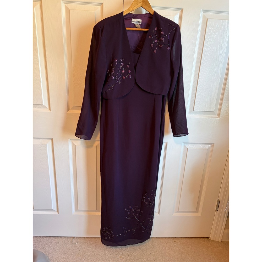 After Dark Purple Beaded Maxi Dress and Bolero Jacket Set 1778H Size 14